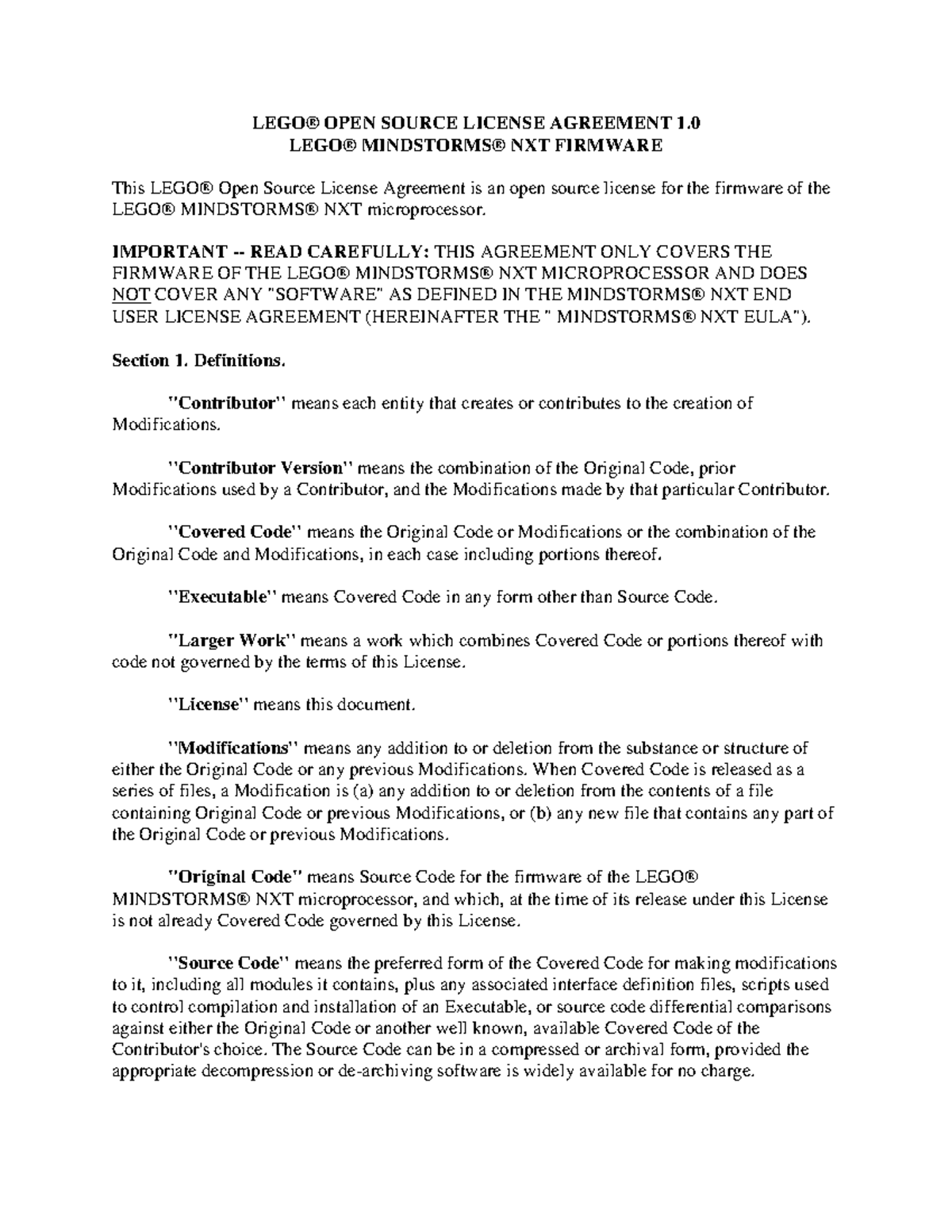 LEGO MINDSTORMS NXT Open Source License Agreement Overview - Studocu