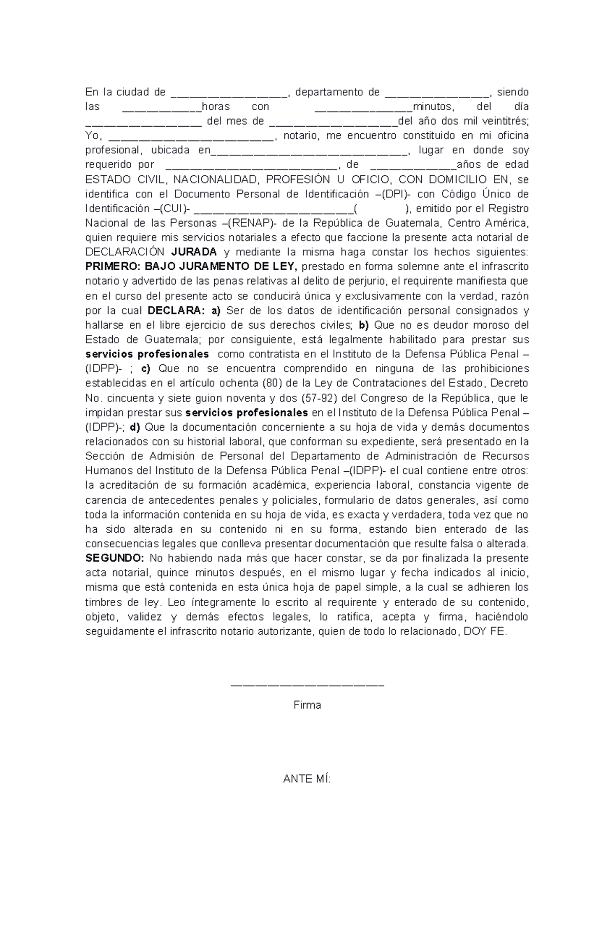Modelo de Acta Notarial de Declaración Jurada 029 - Studocu