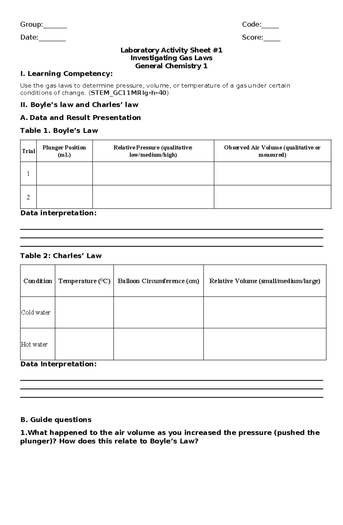 La1-Q2: Laboratory Activity on Gas Laws in General Chemistry 1 - Studocu