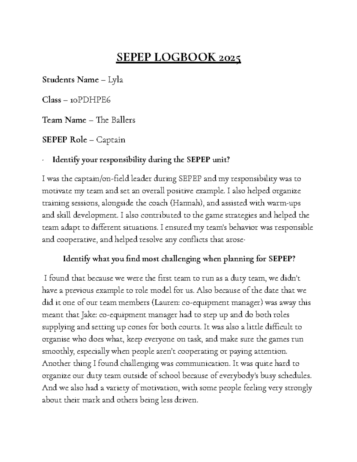 SEPEP Logbook 2025: Captain's Reflection & Team Insights - 10PDHPE6 ...