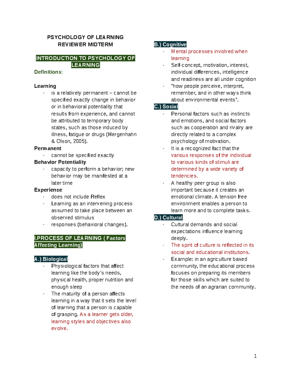 PSY201 Psychology of Learning Midterm Reviewer: Key Concepts & Theories ...