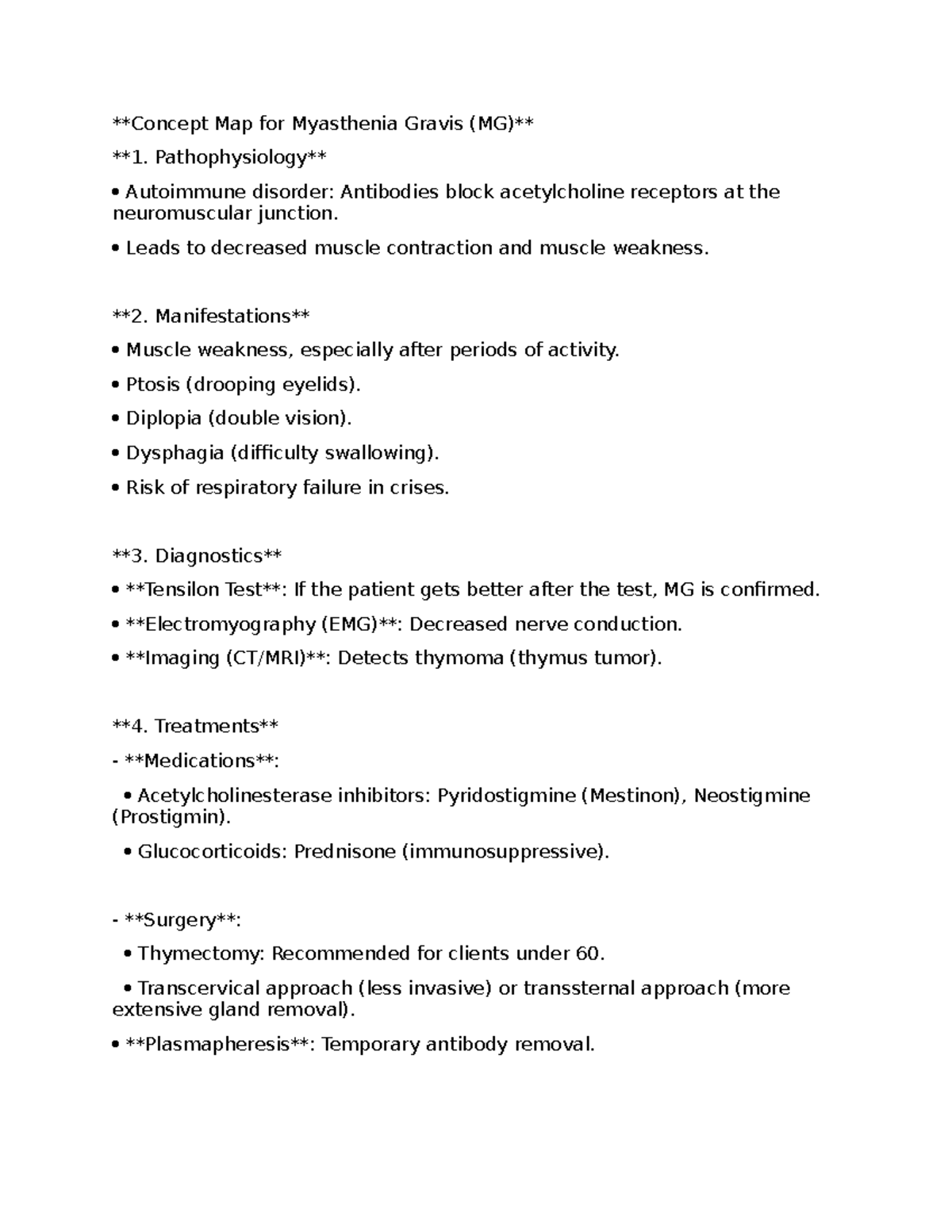 Concept Map for Myasthenia Gravis (MG) Pathophysiology & Treatment ...