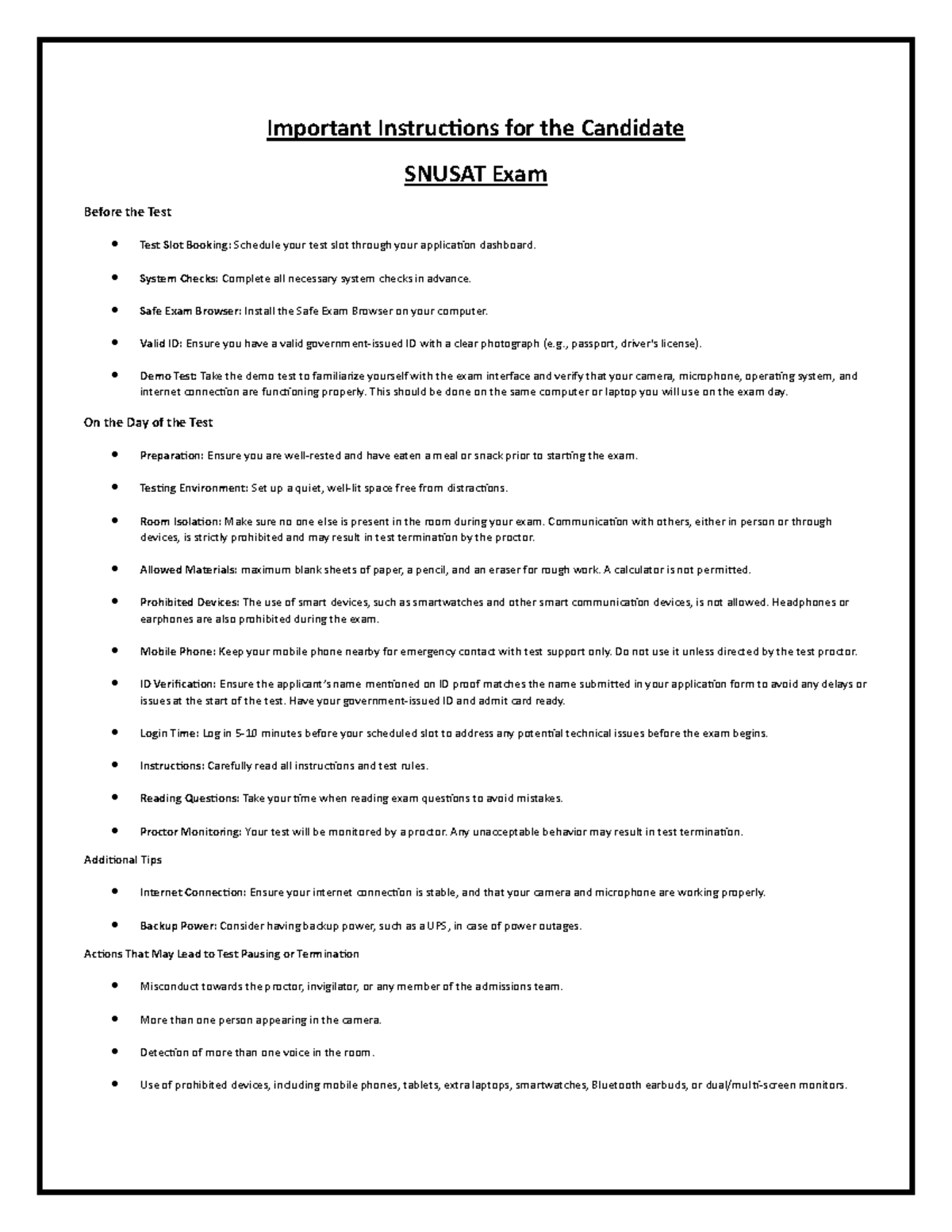 SNUSAT Exam Candidate Instructions and Guidelines for Test Day - Studocu