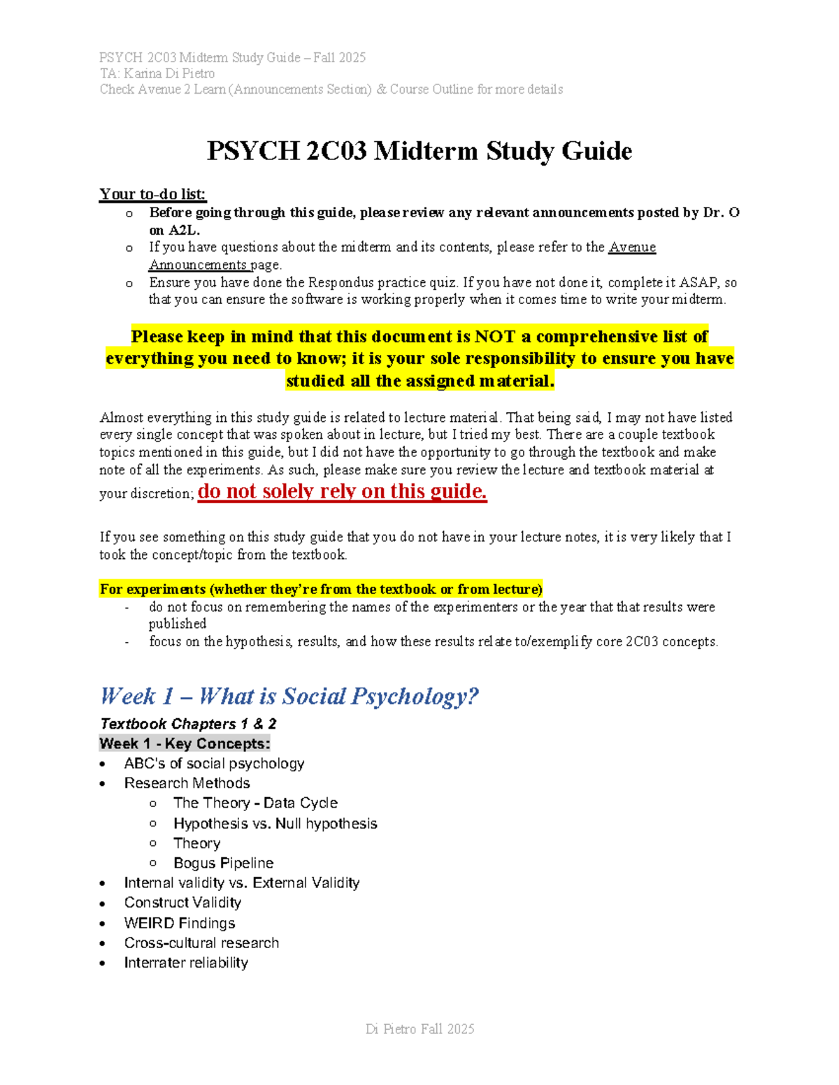 PSYCH 2C03 Midterm Study Guide - Fall 2025 by Karina Di Pietro - Studocu