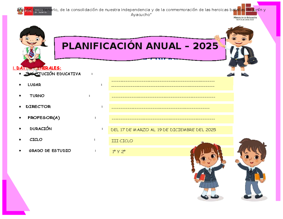 2° Grado plan anual 2025 - Ayacucho” 2º GRADO DE PRIMARIA I. DATOS ...