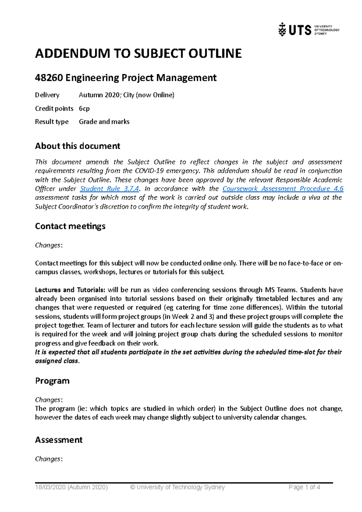 48260 Subject Outline Addendum V1.2 AUT 2020 - ADDENDUM TO SUBJECT ...