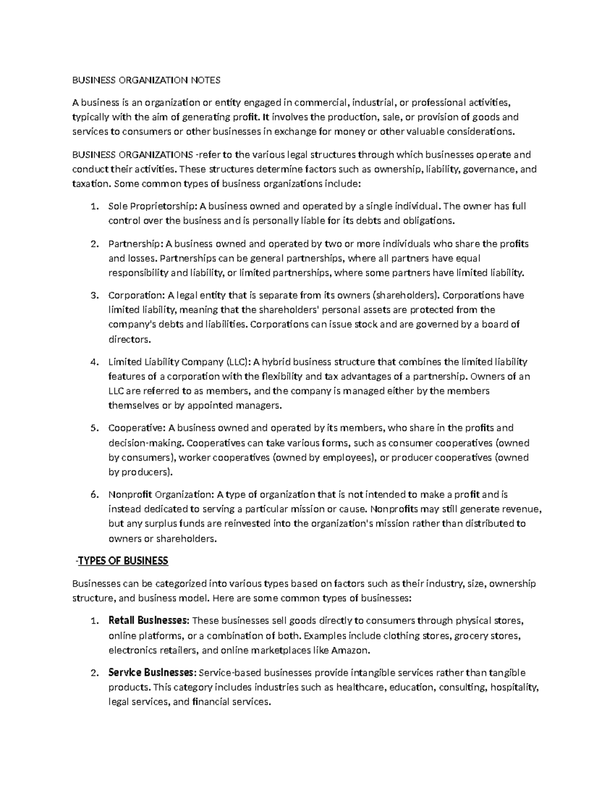 BUS 101: Comprehensive Notes on Business Organization Structures - Studocu