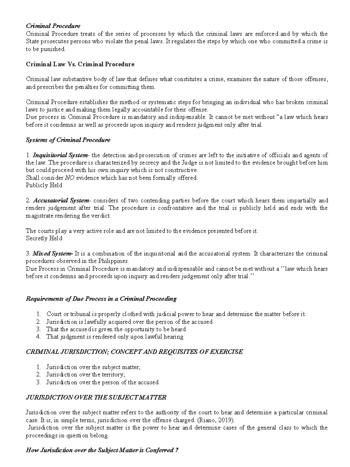 Criminal Procedure Notes (CRIMPRO 101) by Mariam - Studocu