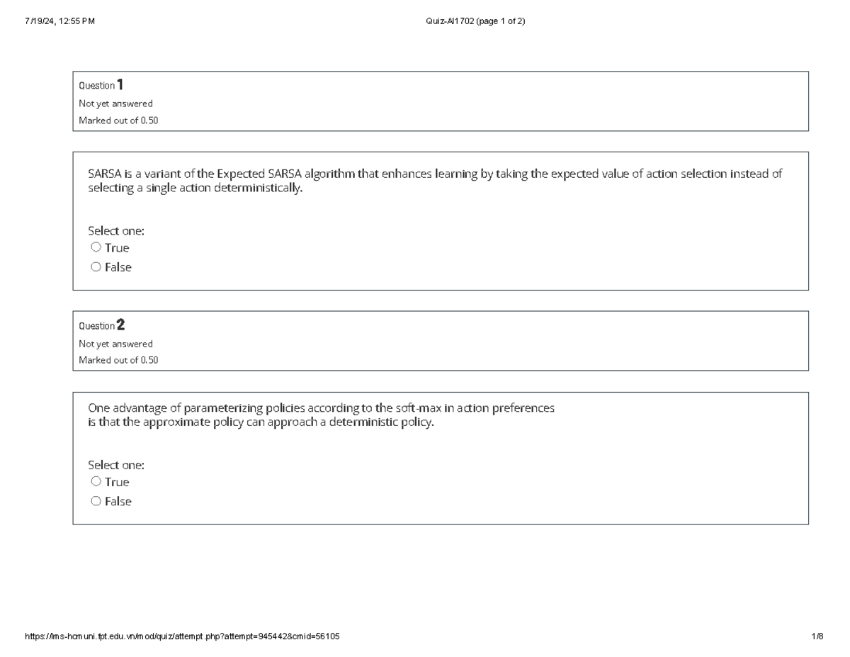 Quiz-AI1702: SARSA and Policy Parameterization Concepts - Studocu