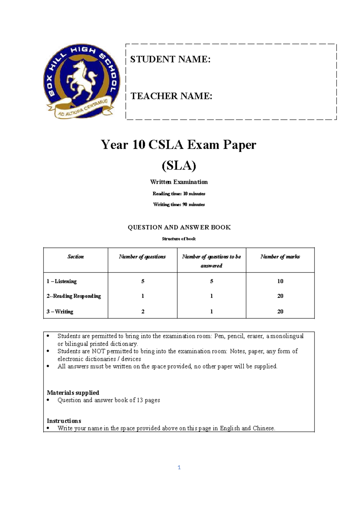 2025 Year 10 CSLA Exam Practice Paper: Listening & Writing - Studocu