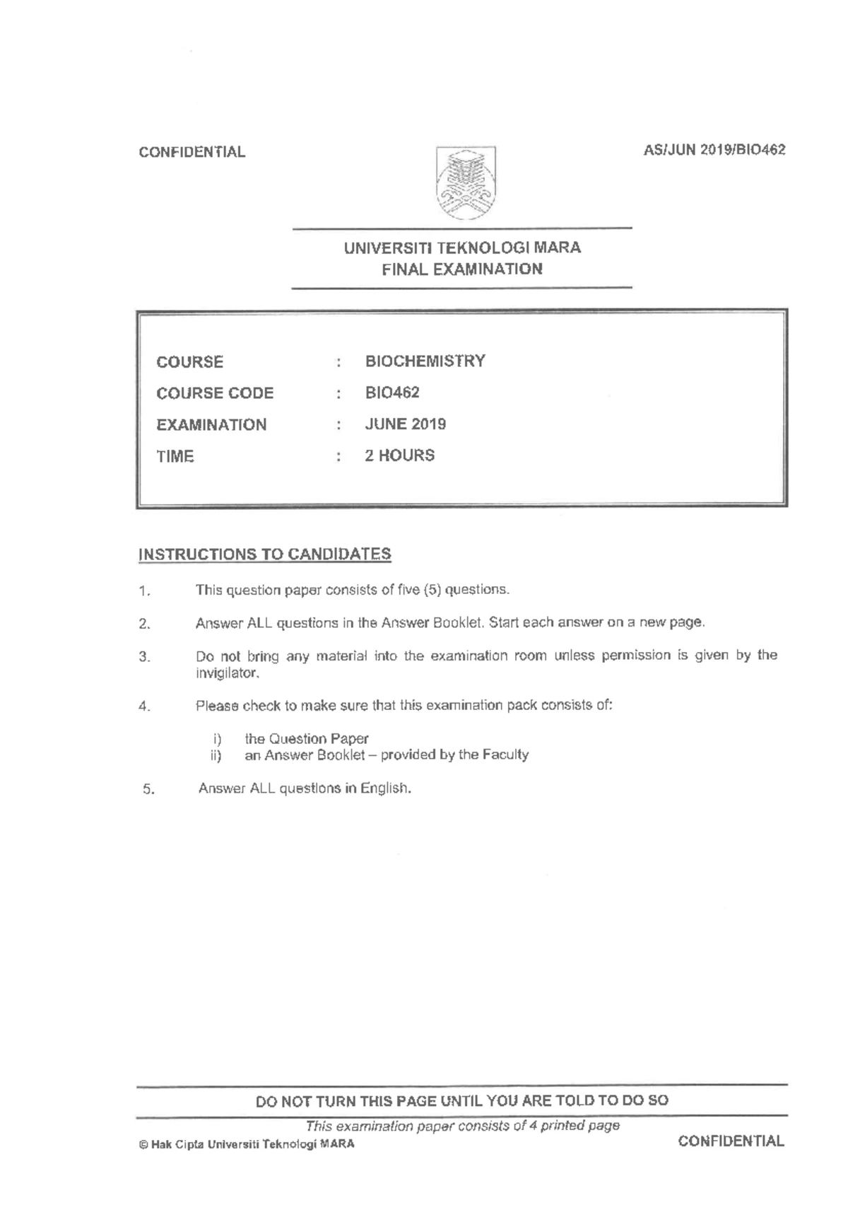 BIO462 - Final Assessment Practice for Biochemistry Exam - Studocu