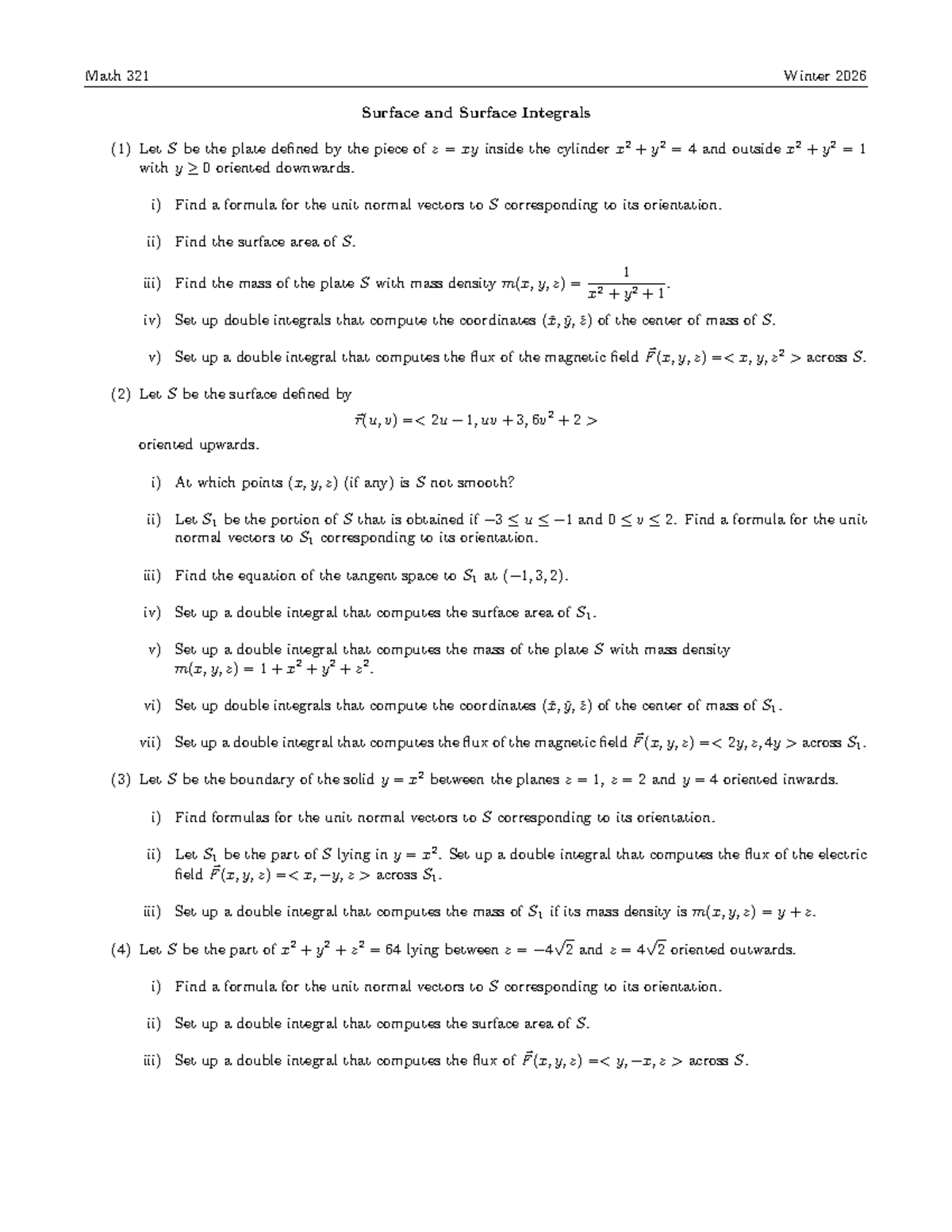 Math 321 Winter 2026 Exam 2 Practice Problems on Surface Integrals ...