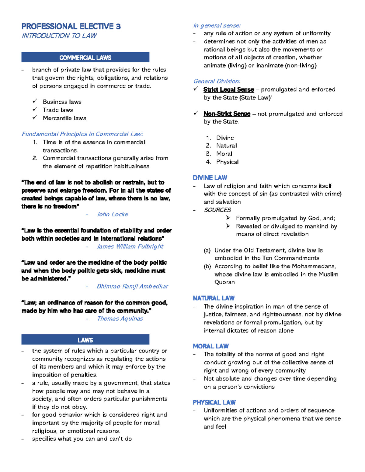PROFESSIONAL ELECTIVE 3: Intro to Law - Commercial Laws Notes - Studocu