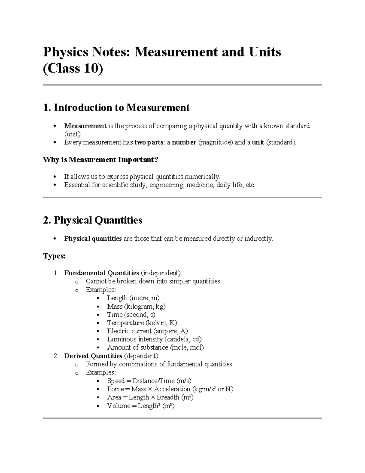 Physics Notes: Measurement and Units (Class 10) - Key Concepts and ...