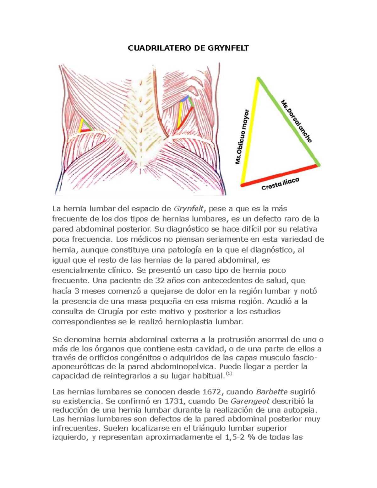 Hernia Lumbar del Espacio de Grynfelt: Análisis y Caso Clínico - Studocu