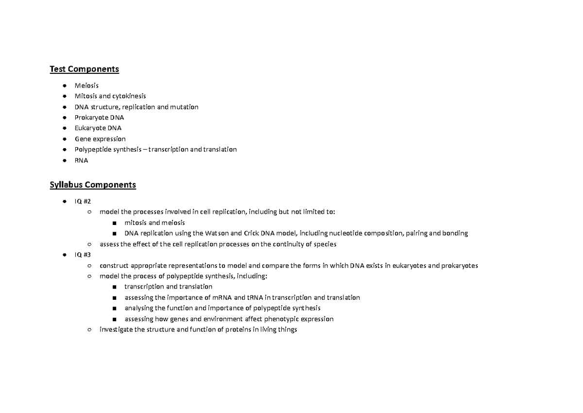 Bio HSC Task 1 Notes: Cell Replication, DNA Structure & Processes - Studocu