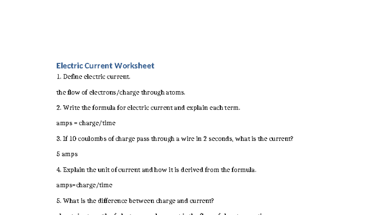 Electric Current Worksheet 1: Understanding Current and Charge - Studocu