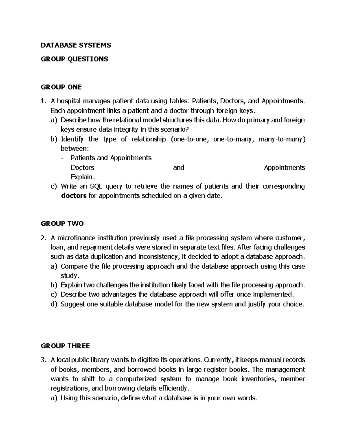 BIT 1201 Database Systems Group Questions - JAN April 2026 - Studocu