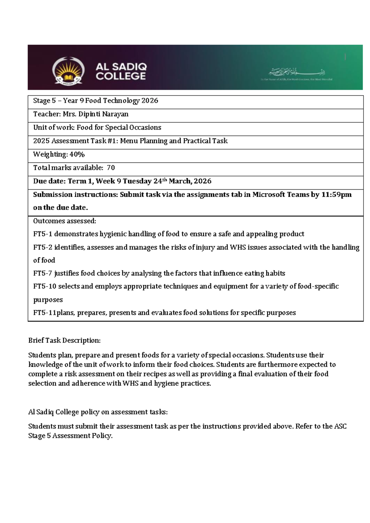 Year 9 Food Technology Assessment Task: Menu Planning - Studocu