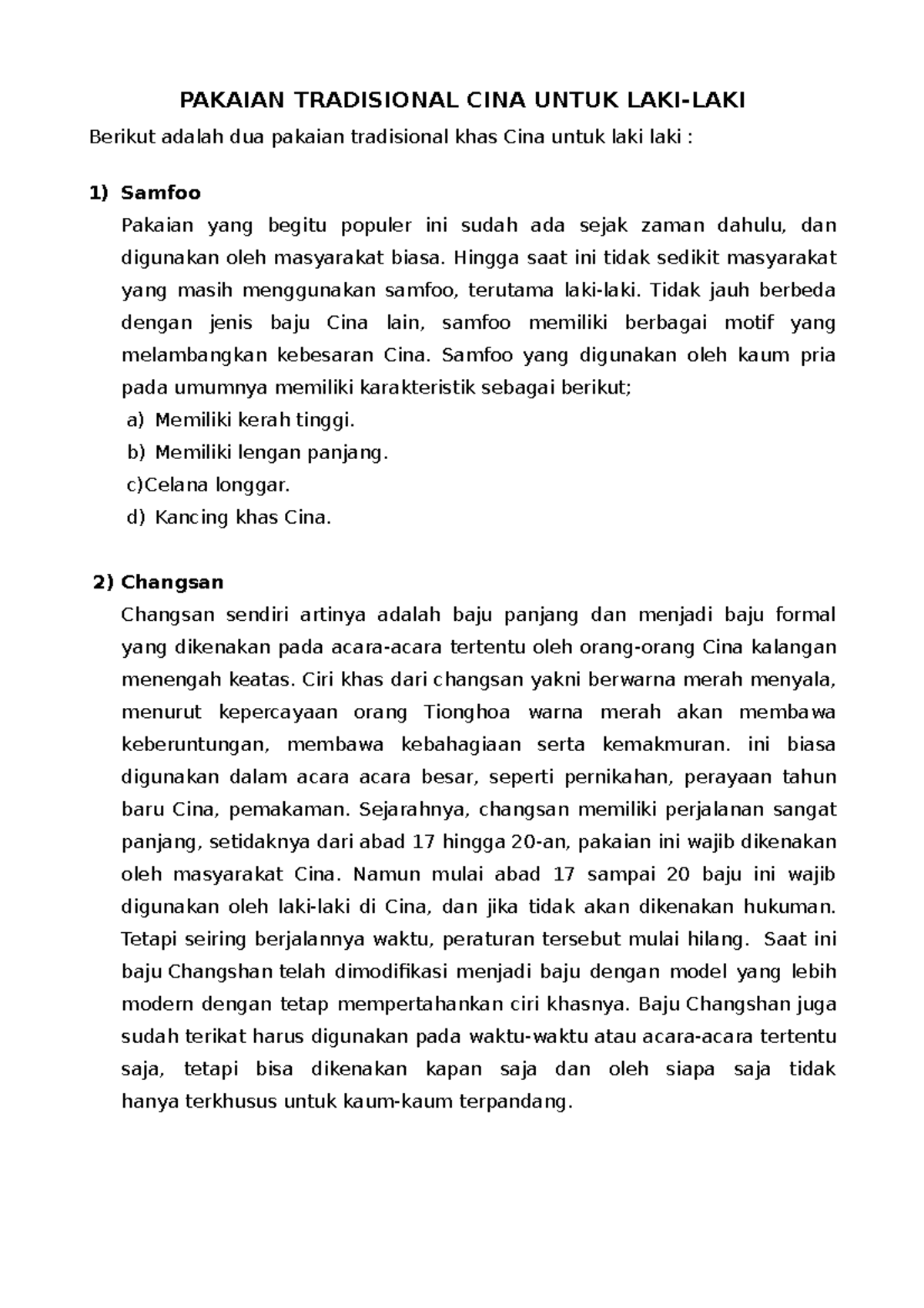 Pakaian Tradisional Cina untuk Laki-Laki: Samfoo dan Changsan - Studocu