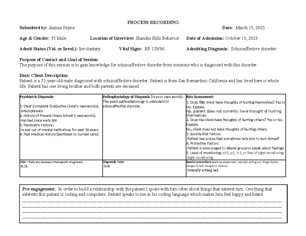 Process Recording: Schizoaffective Disorder Case Study (PSY 101) - Studocu