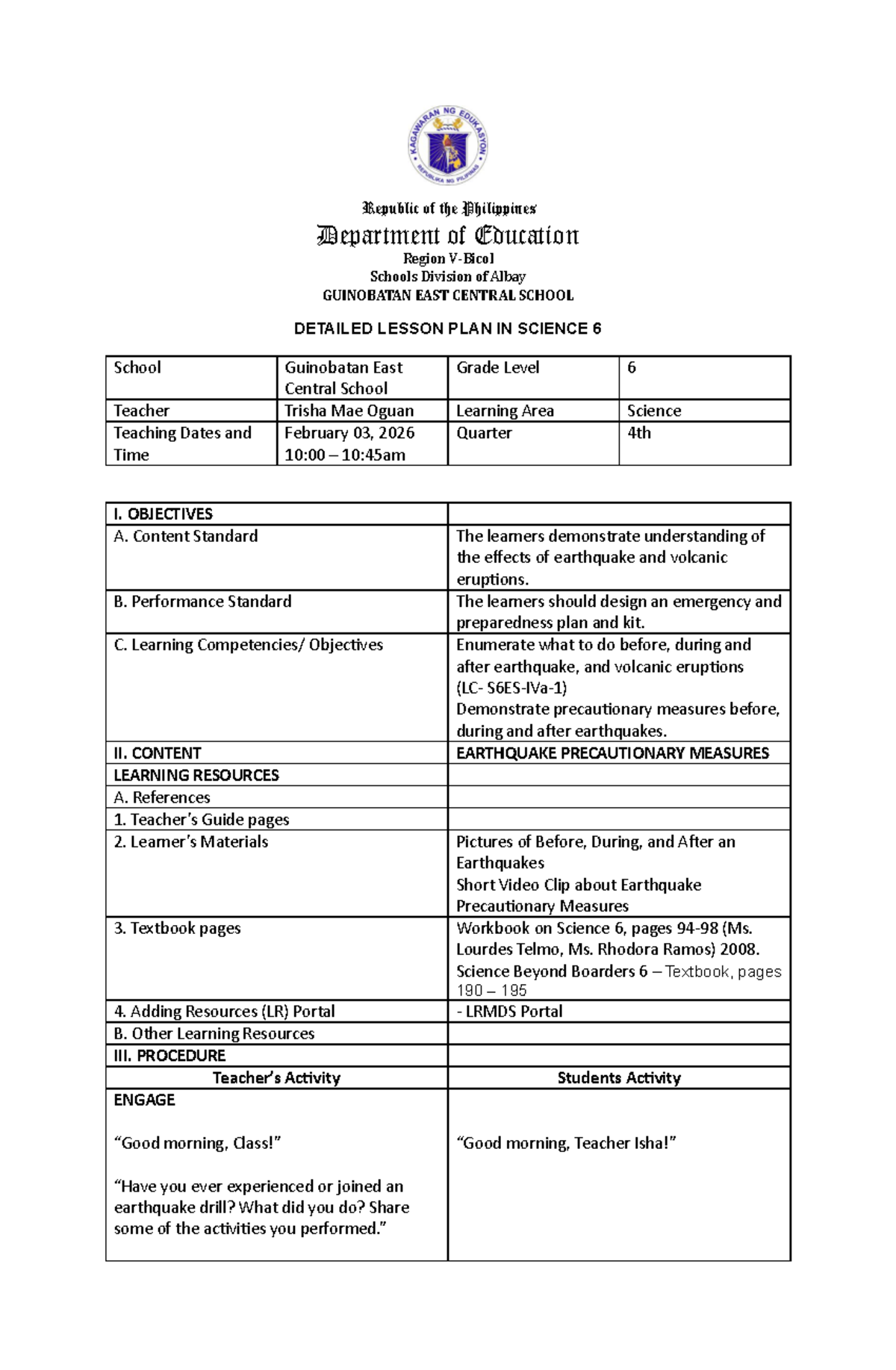 Detailed Lesson Plan in Science 6: Earthquake Precautionary Measures ...