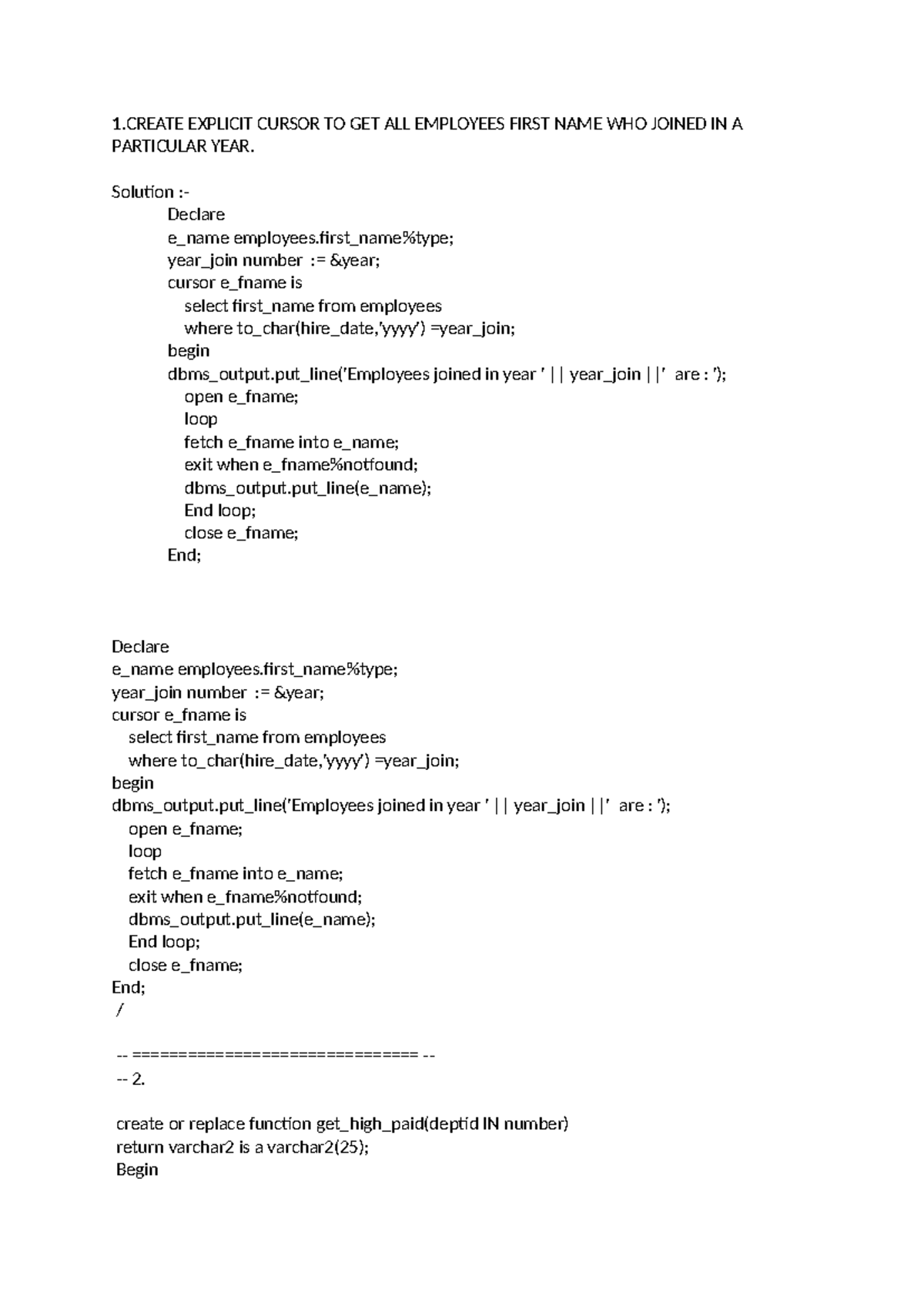 SQL - Functions & Explicit Cursors for Employee Data Retrieval - Studocu