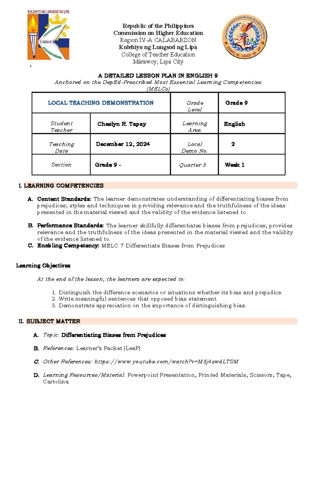 Detailed Lesson Plan in English 9: Differentiating Biases & Prejudices ...