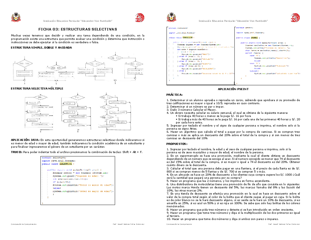 FICHA 03: ESTRUCTURAS SELECTIVAS - Programación en PSEINT y JAVA - Studocu