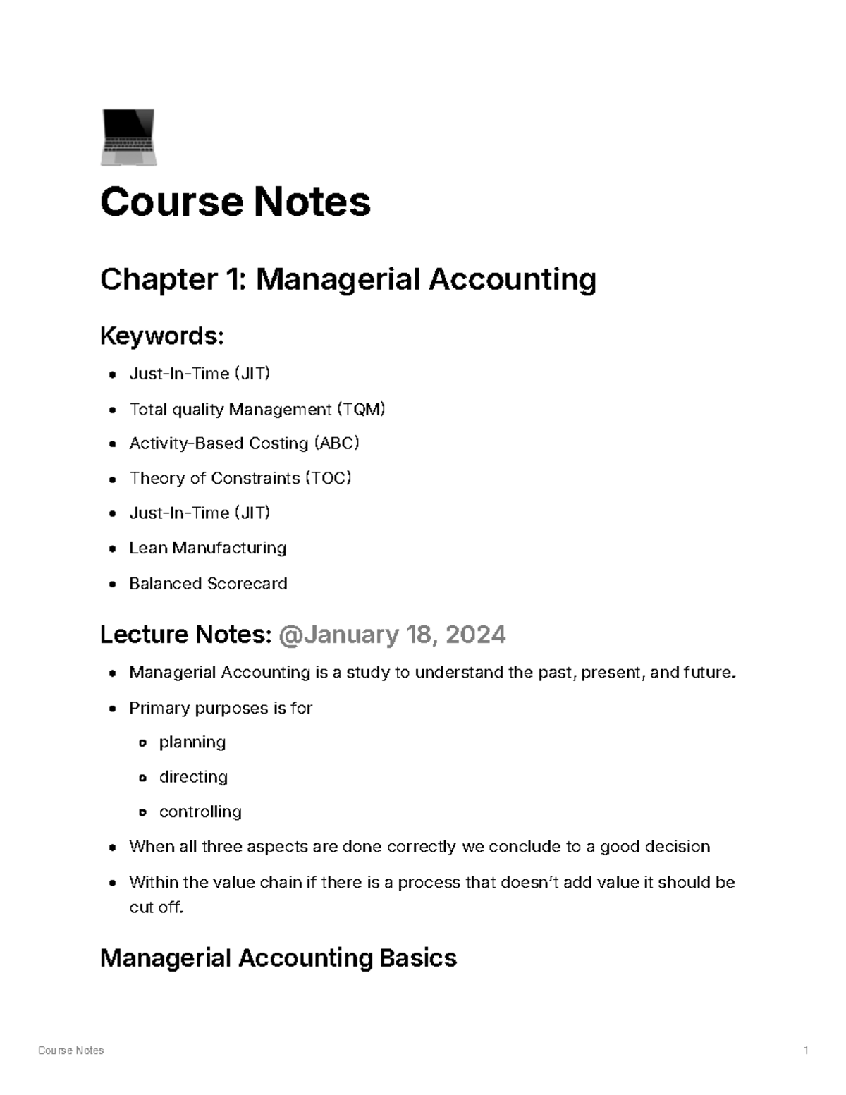 COMM 305 Notes - 💻 Course Notes Chapter 1: Managerial Accounting ...