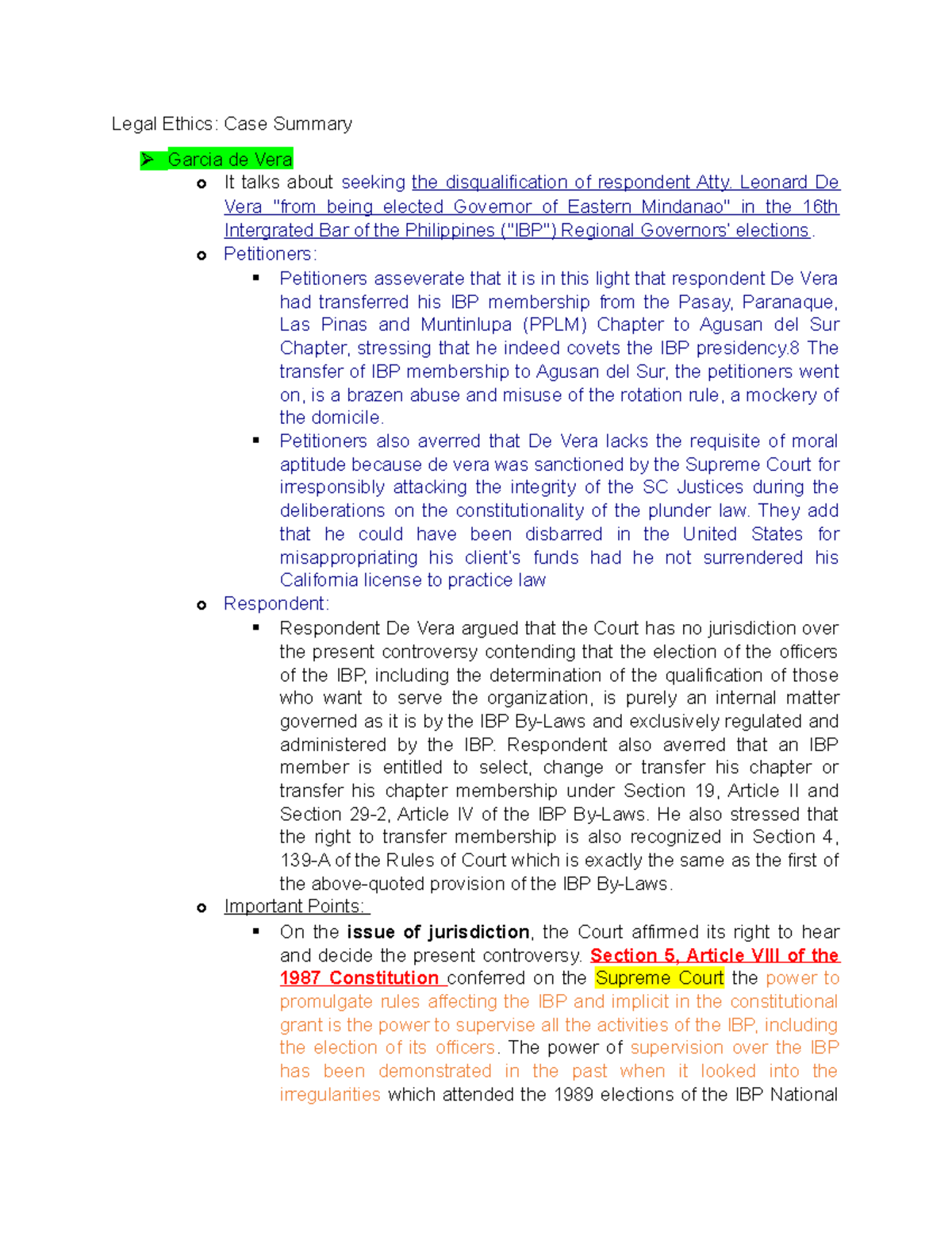 Midterm Exam Case Summaries: Legal Ethics and Jurisdiction Issues - Studocu