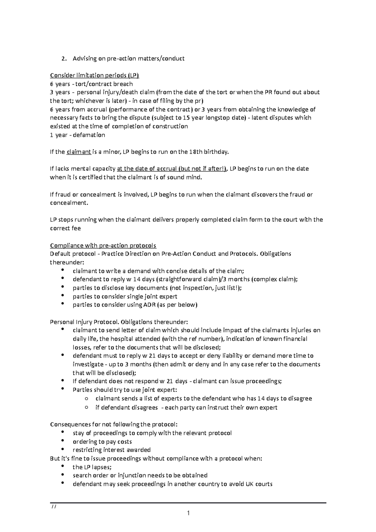 Advising on Pre-Action Matters: Limitation Periods and Protocols - Studocu