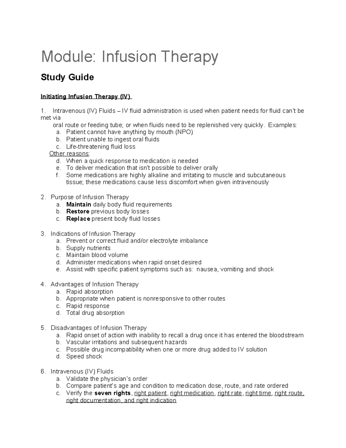 Infusion Therapy Module Study Guide: Key Concepts and Practices - Studocu
