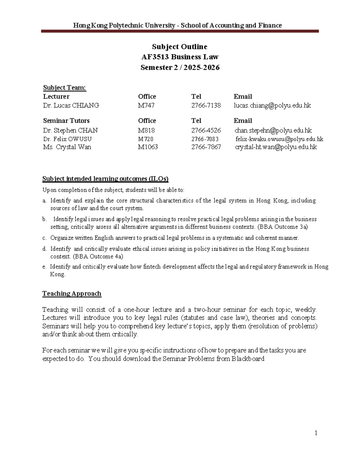AF3513 Business Law Course Outline - Semester 2 (2025-26) - Studocu