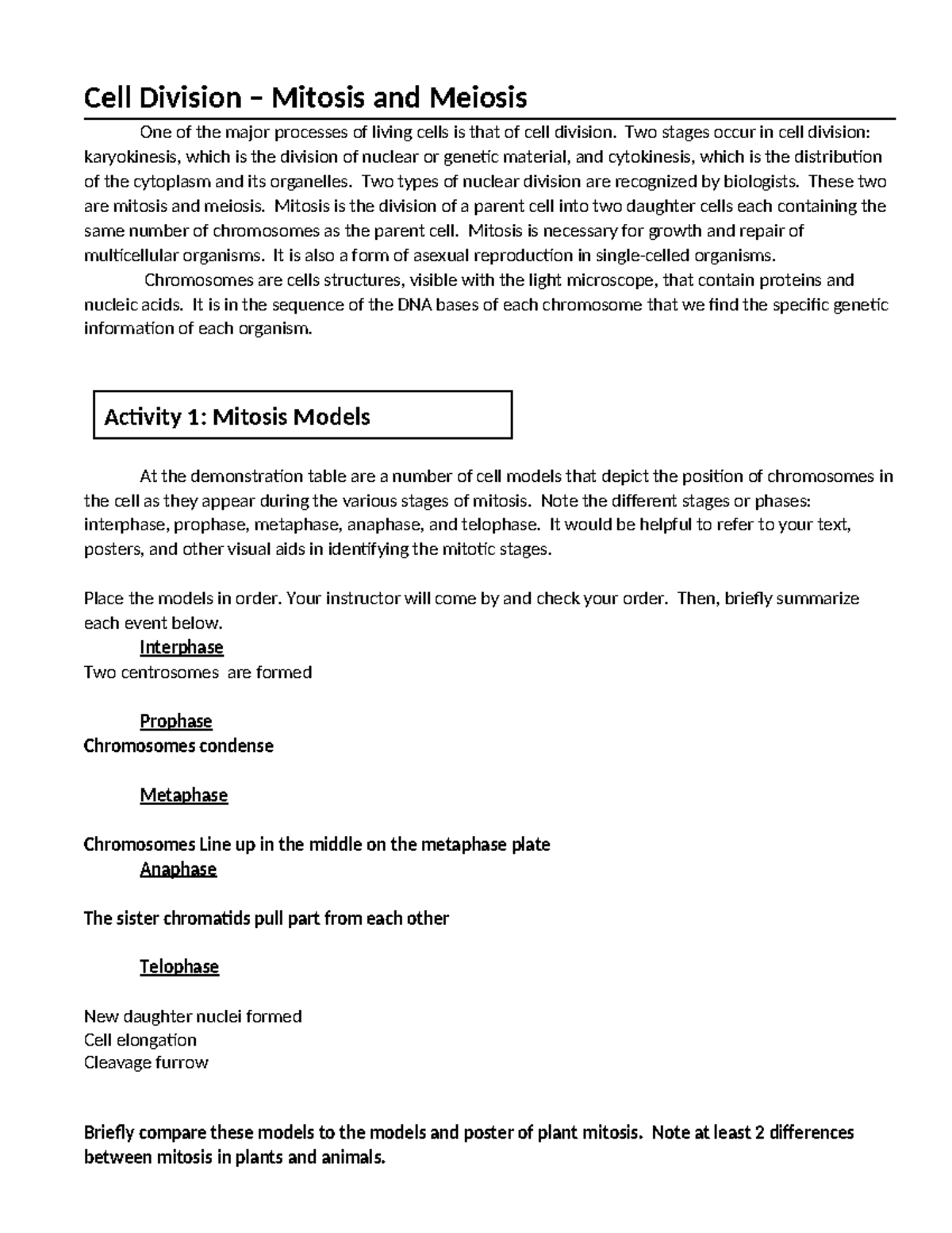 1120 cell division lab - Cell Division – Mitosis and Meiosis One of the ...