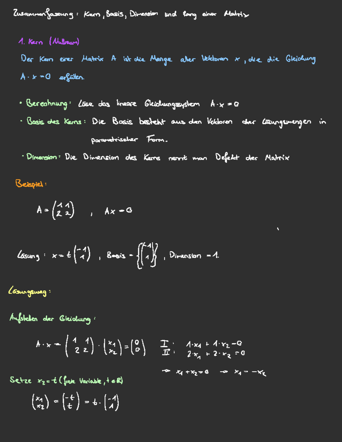 Zusammenfassung Kern, Basis, Dimension & Rang