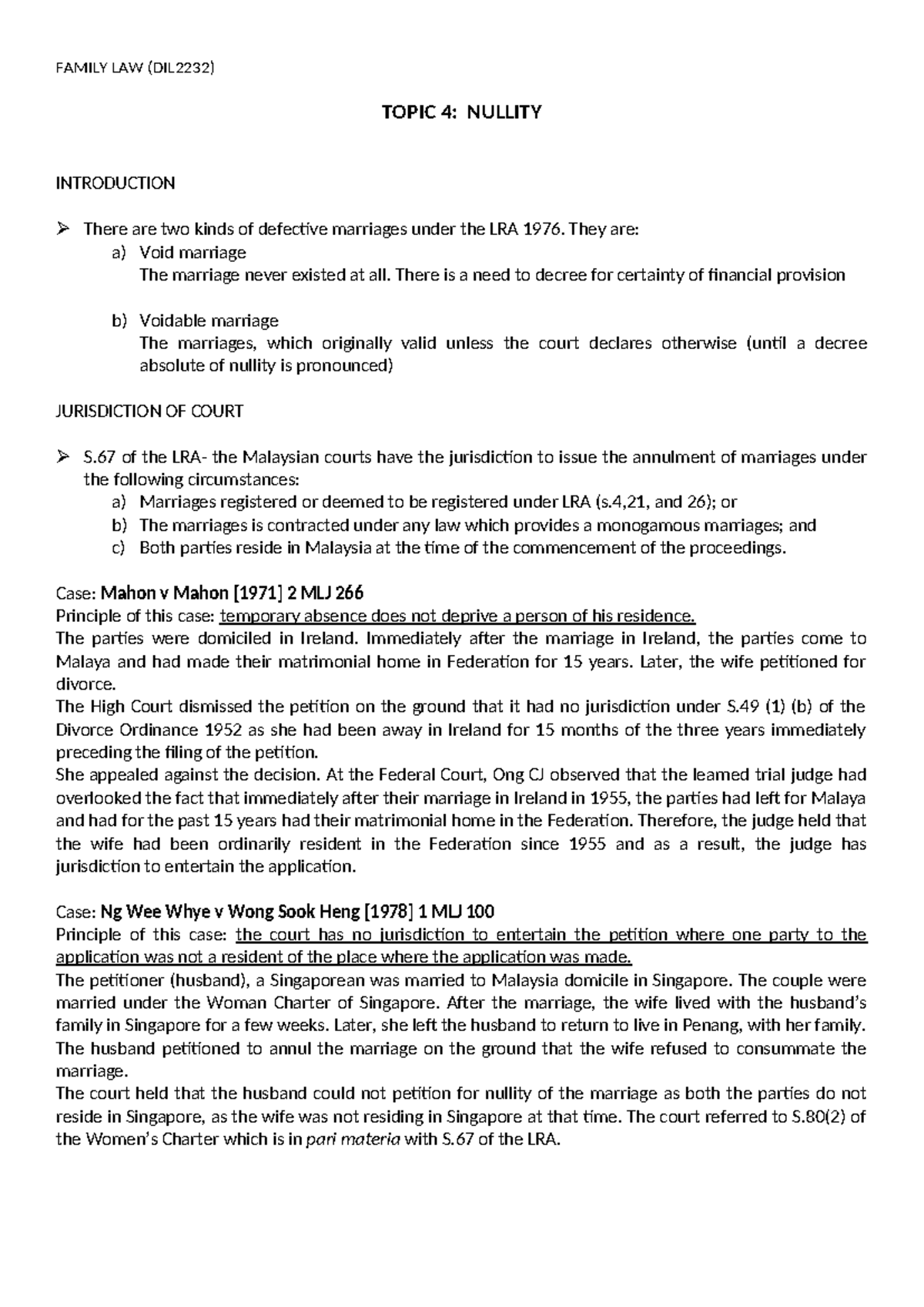 Topic 4- Nullity - NOTES - TOPIC 4: NULLITY INTRODUCTION There are two ...