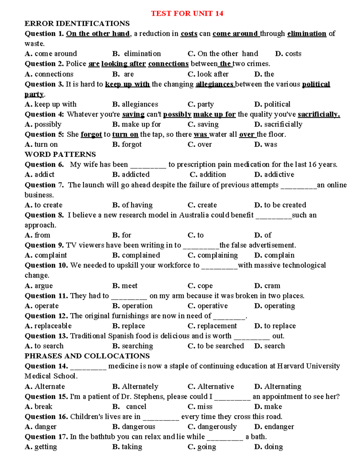 Unit 14 Test: Error Identifications and Word Patterns - Studocu