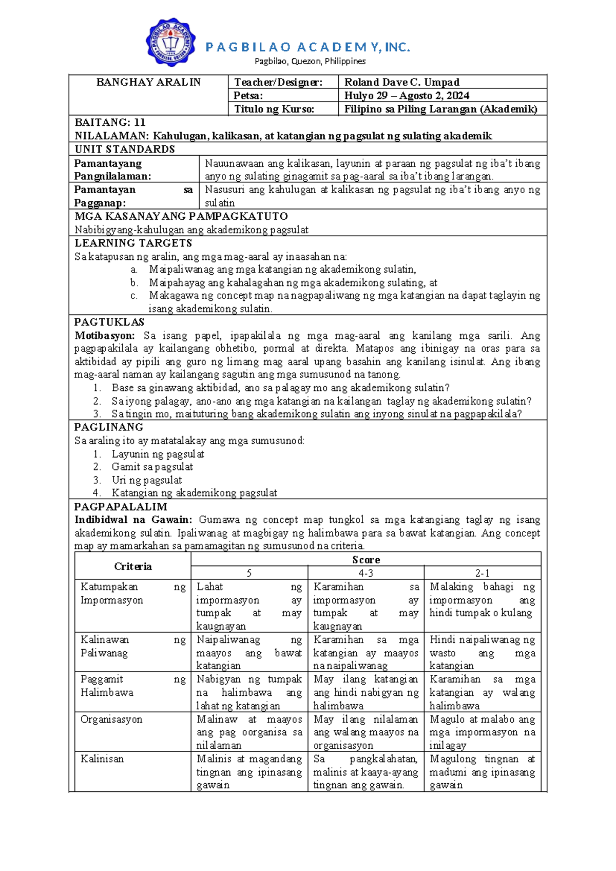 Lesson Plan: Filipino sa Piling Larangan (Grade 11) - Studocu