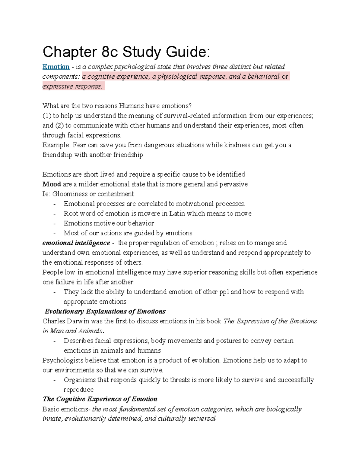 Psych 101: Chapter 8c Study Guide on Emotion and Its Theories - Studocu
