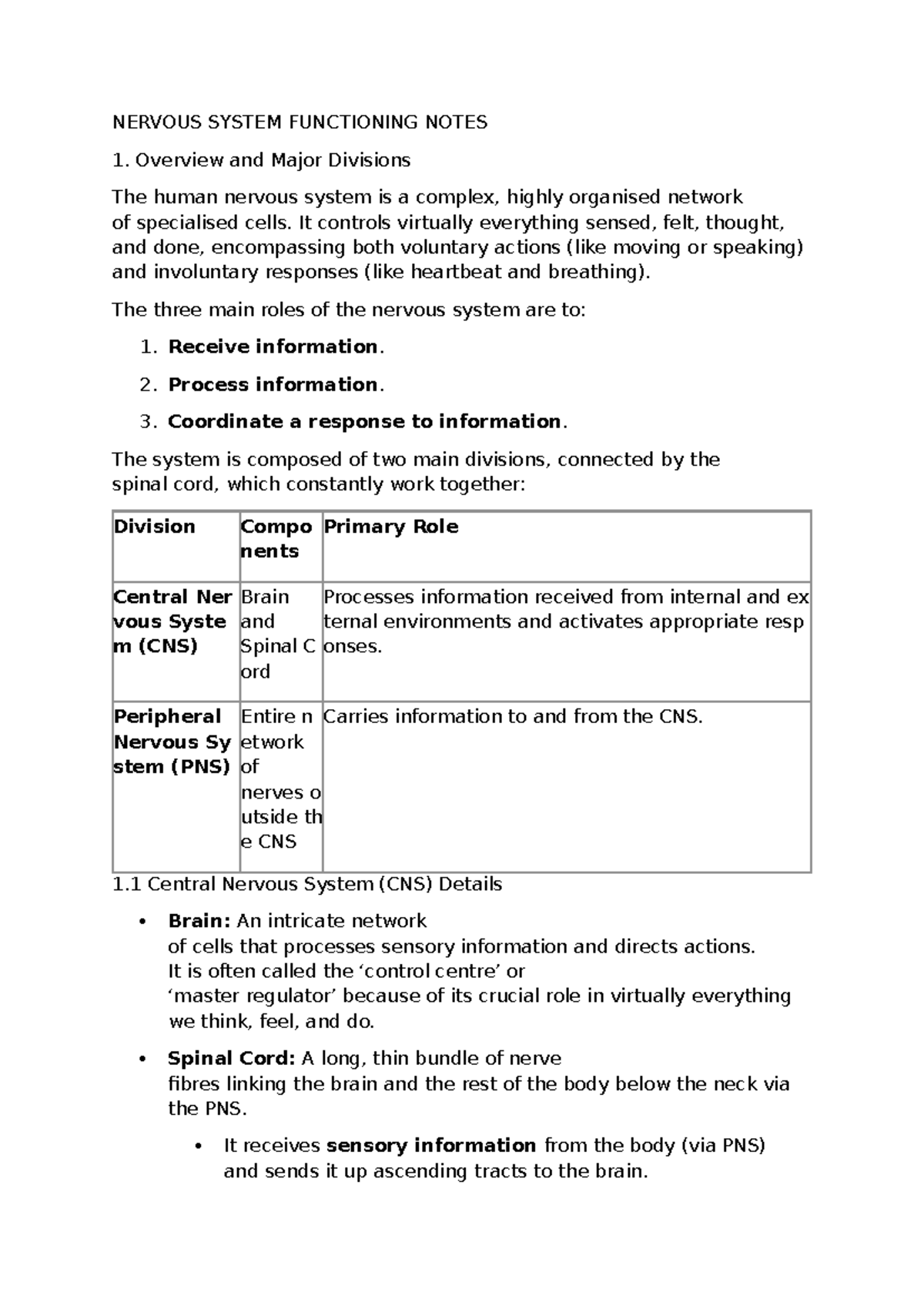 Nervous System Functioning Notes: Overview & Key Components - Studocu