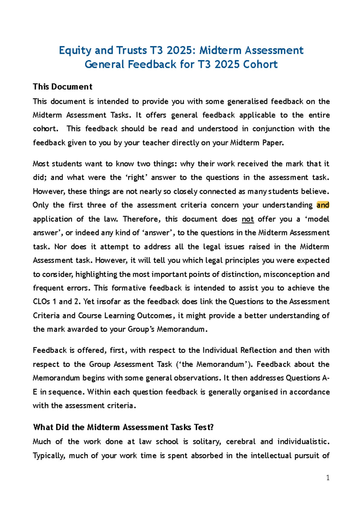 Equity and Trusts T3 2025: Midterm Assessment Feedback for Cohort - Studocu
