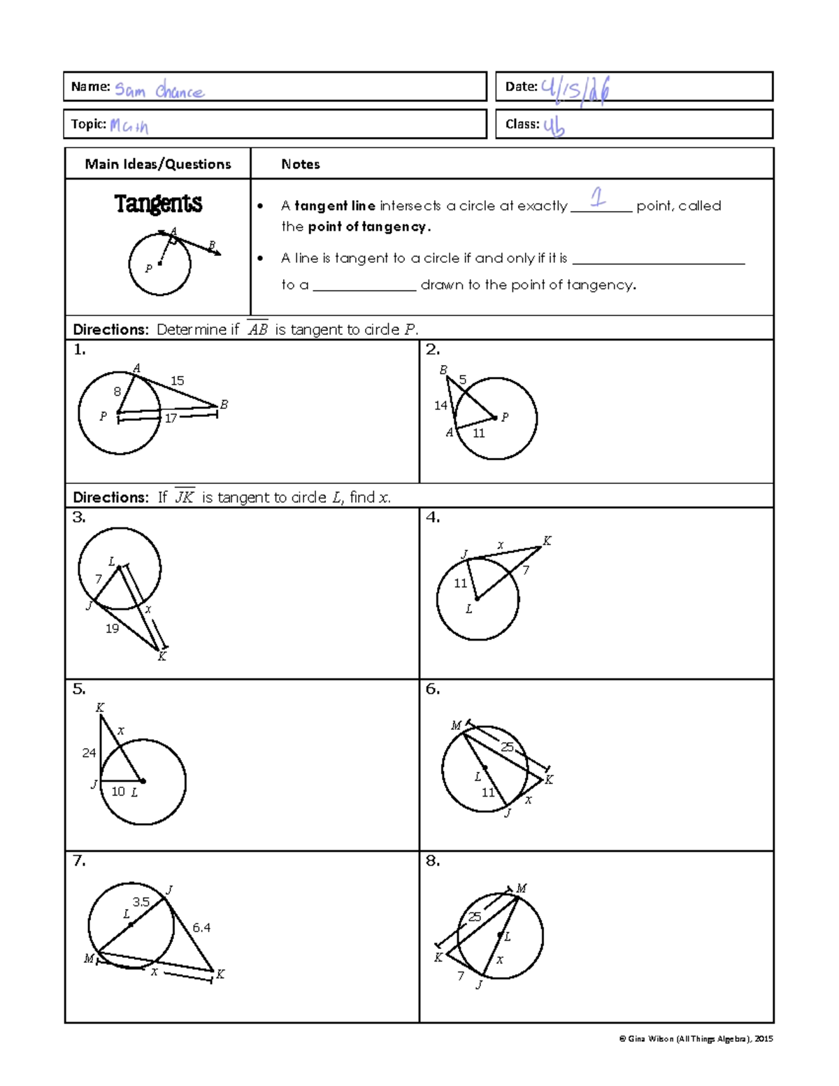 4:15 Notes - Tangent Lines and Circle Intersections - Studocu