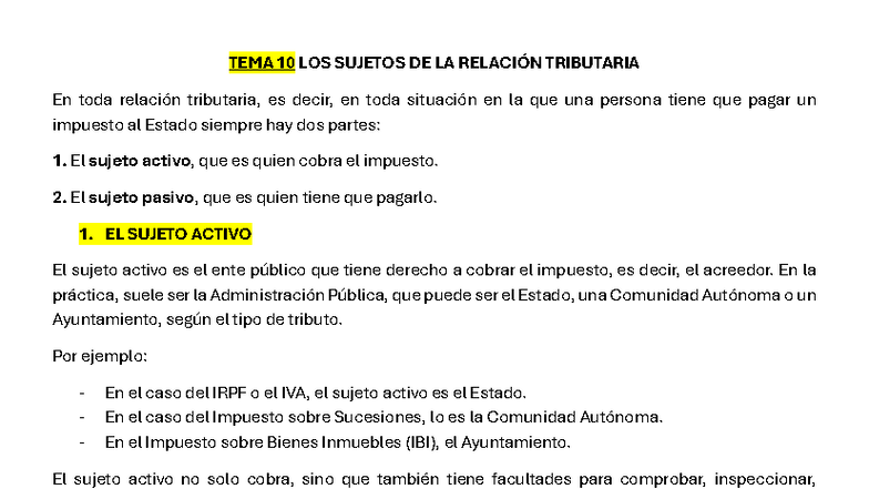 TEMA 10: Sujetos de la Relación Tributaria y sus Obligaciones - Studocu