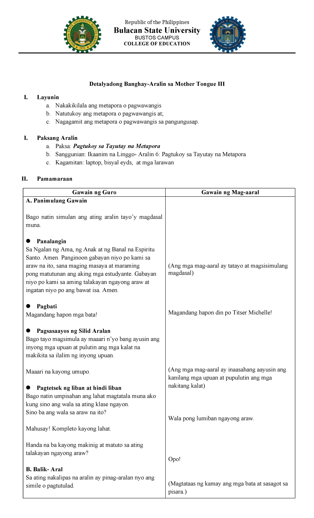 Grade 3 Mother Tongue Lesson: Pagtukoy sa Metapora - Studocu