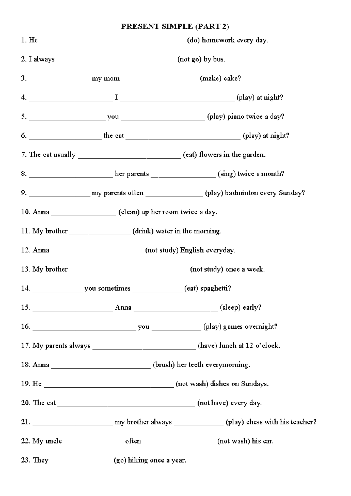 PRESENT SIMPLE EXERCISES (PART 2) - 150 SENTENCES - Studocu
