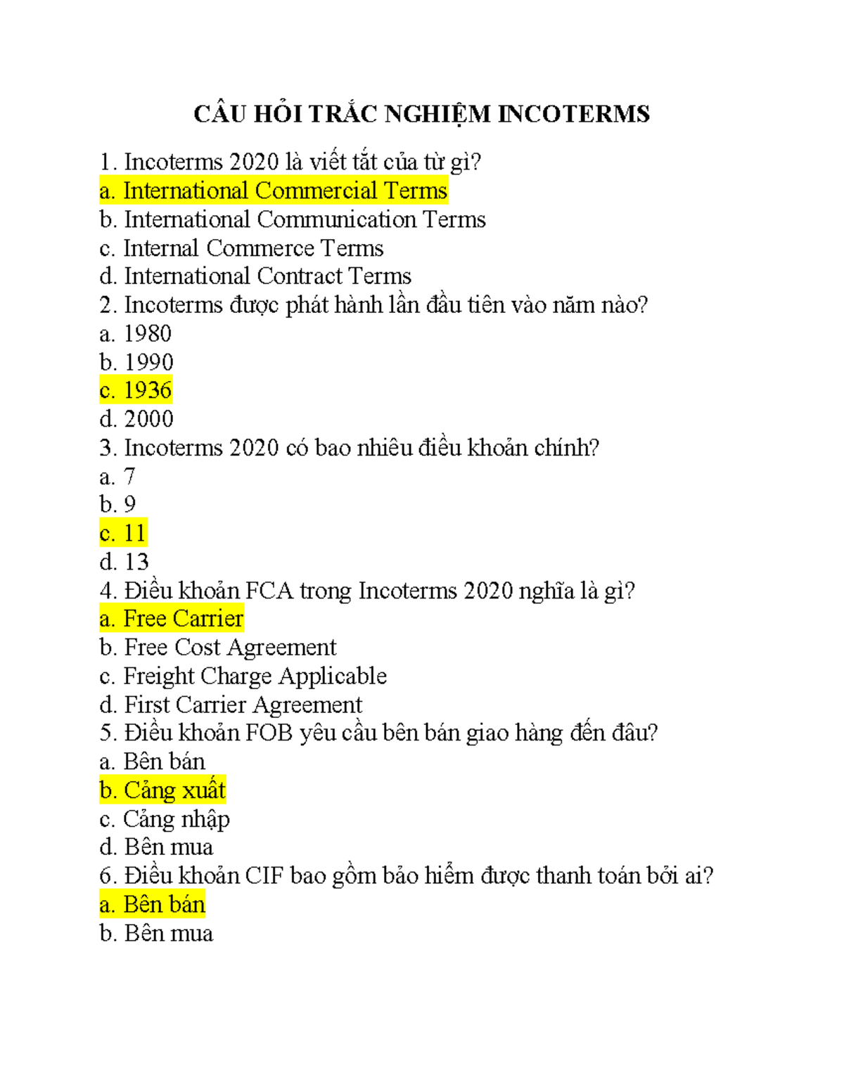 CÂU HỎI TRẮC NGHIỆM VỀ INCOTERMS 2020 (Có Đáp Án) - Document Preview