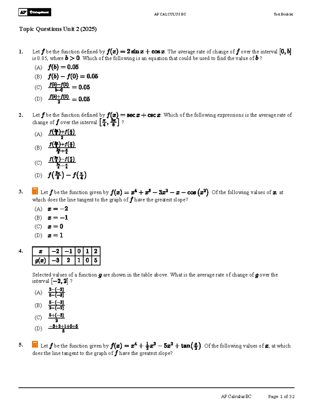 AP CALCULUS BC Unit 2 Exam - Multiple Choice Questions (2025) - Studocu