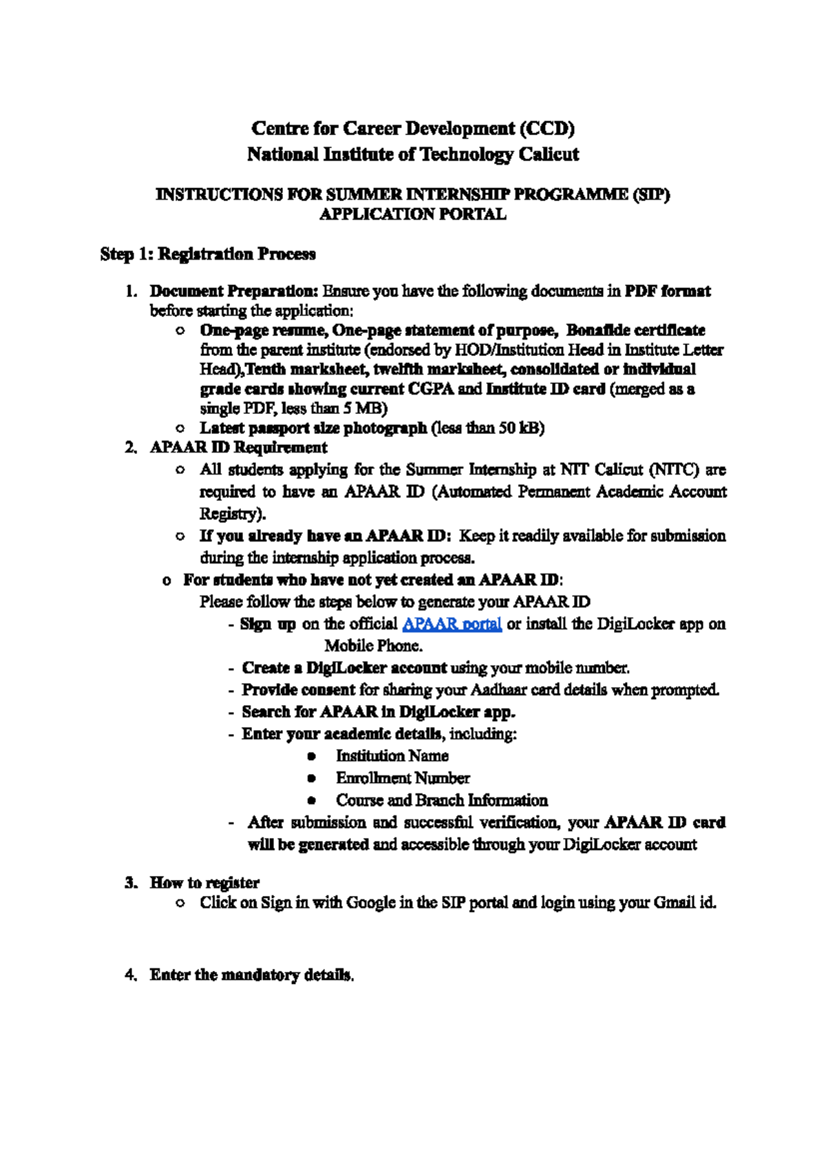 SIP 2026 Application Instructions for NIT Calicut Students - Studocu
