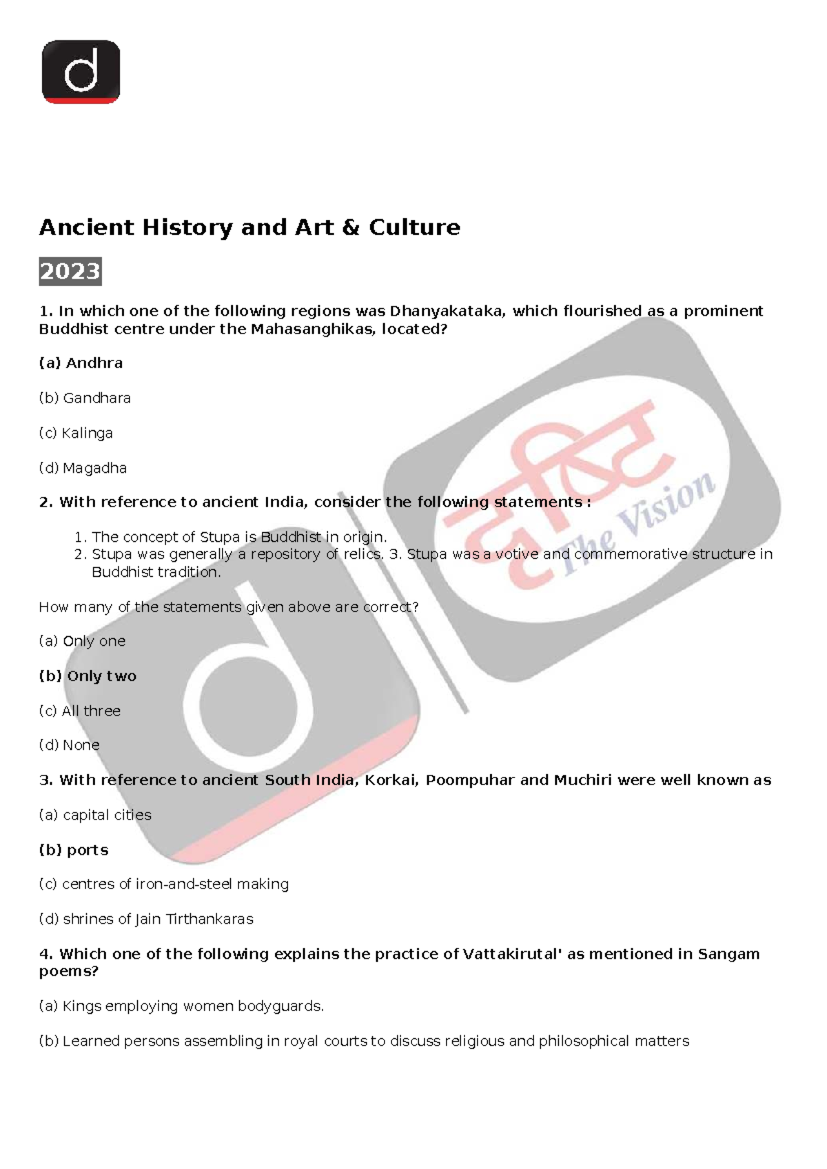 Ancient History and Art Culture: Previous Years Questions (2023) - Studocu